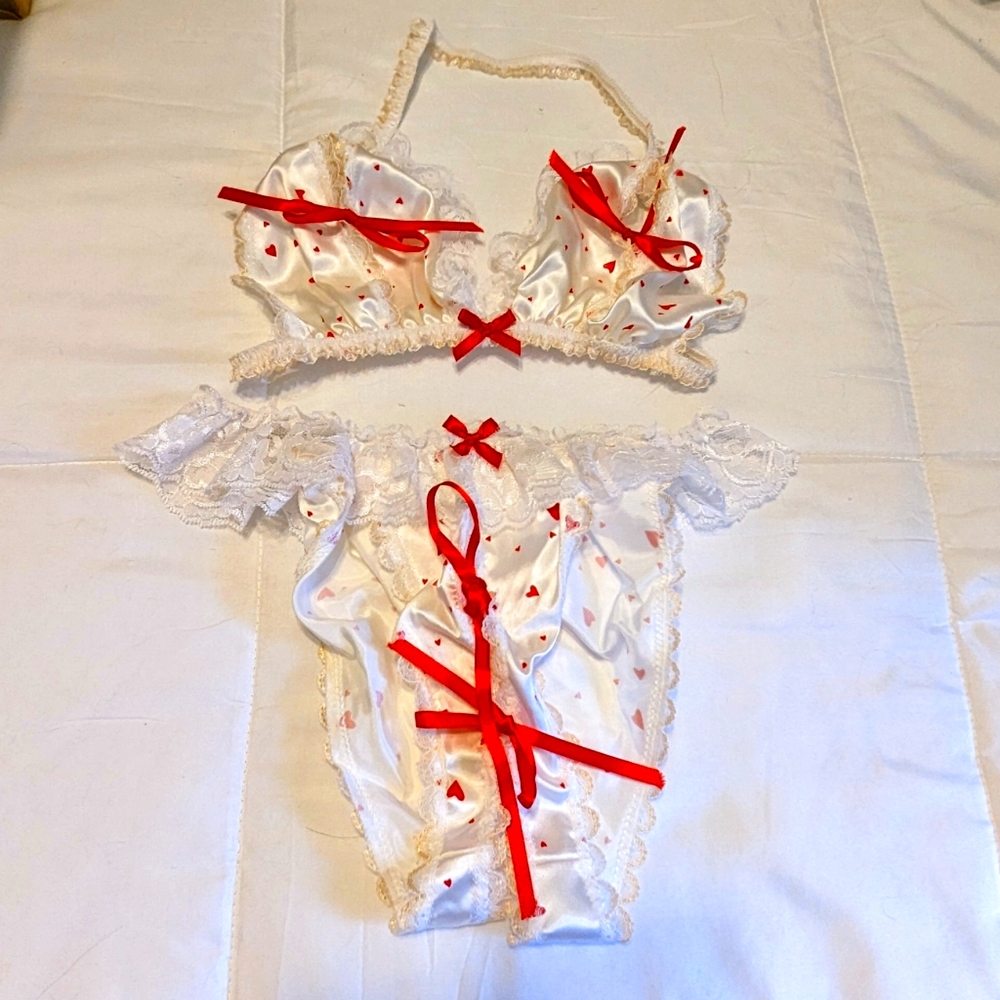 Valentine's Day Lingerie Two Piece Set Hearts and Red Ribbons Cut Outs